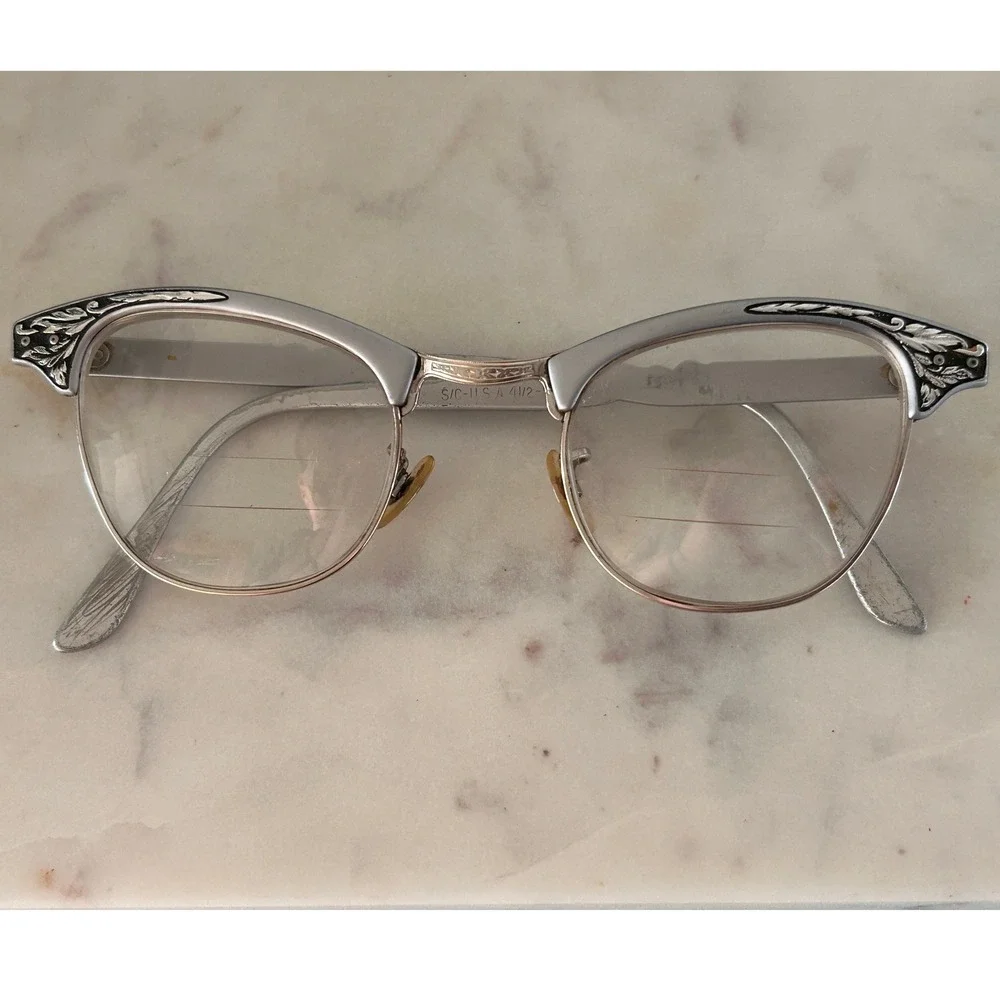 Vintage Shuron USA Cat Eye Browline Glasses Silver 1/10 12K GF Aluminum 46-24